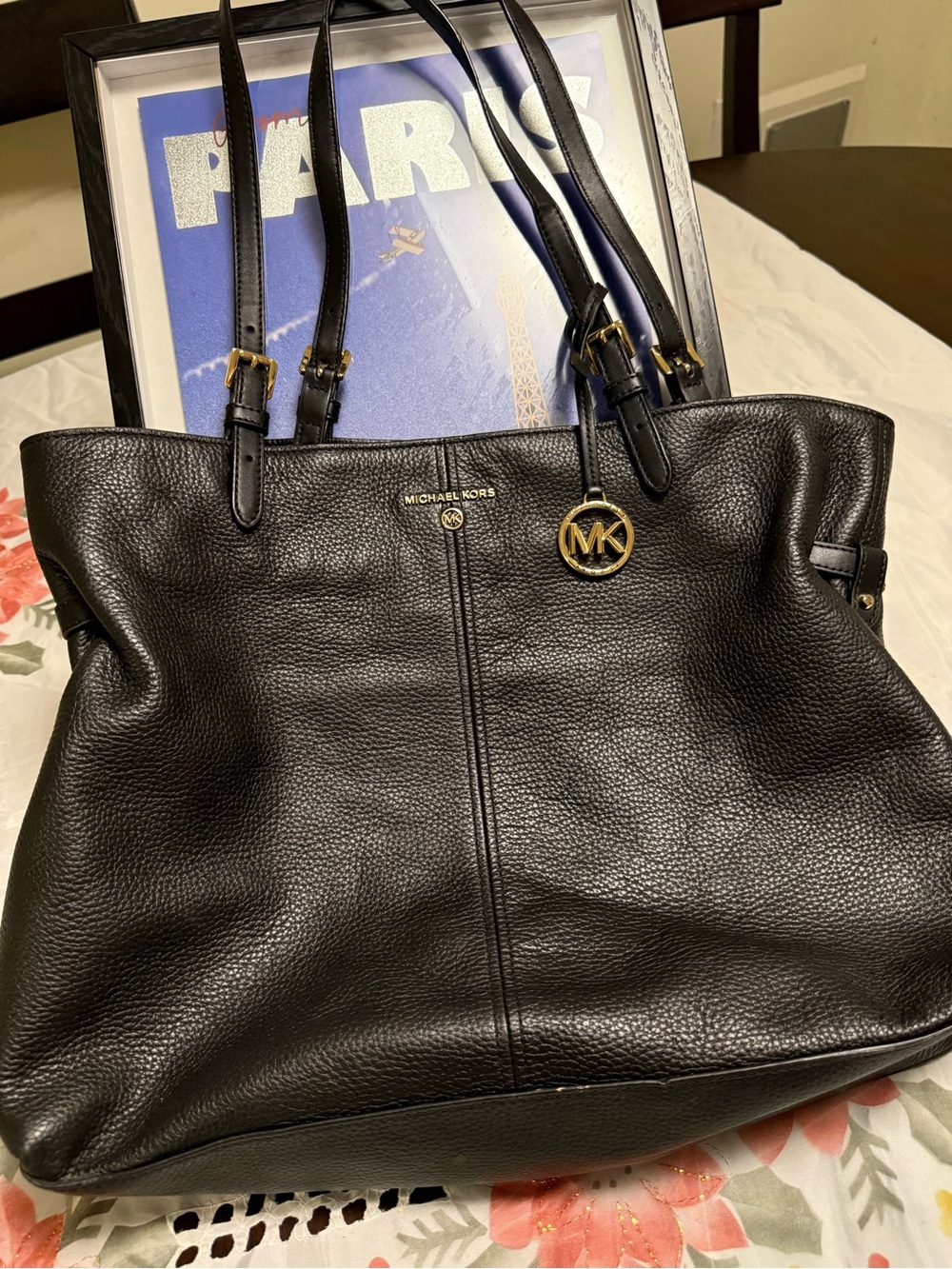 Michael Kors Black Pebbled Leather Tote with Gold Hardware